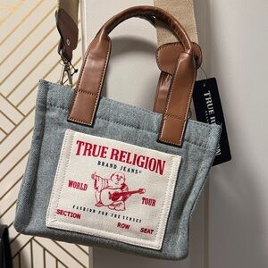 True Religion blue bag  Denim Tote with Brown Handles